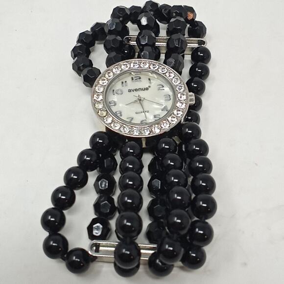 Avenue Womens Black 4 Strand Bead Bracelet Watch Mother of Pearl Face - Picture 9 of 10